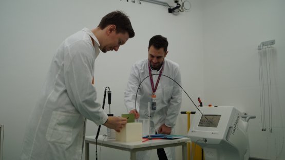 Medical physicists performing a dosimetry audit on an HDR brachytherapy unit (DOL, Seibersdorf)