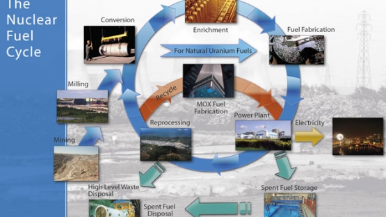 <p>The raw material for today’s nuclear fuel is uranium. It must be processed through a series of steps to produce an efficient fuel for generating electricity. Used fuel also needs to be taken care of for reuse and disposal.</p><p>The nuclear fuel cycle includes the ‘front end’, i.e. preparation of the fuel, the ‘service period’ in which fuel is used during reactor operation to generate electricity, and the ‘back end’, i.e. the safe management of spent nuclear fuel including reprocessing and reuse and disposal.</p><p>If spent fuel is not reprocessed, the fuel cycle is referred to as an ‘open’ or a ‘once-through’ fuel cycle; if spent fuel is reprocessed, and partly reused, it is referred to as a ‘closed’ fuel cycle.</p> &copy; A. Diesner-Kuepfer / IAEA